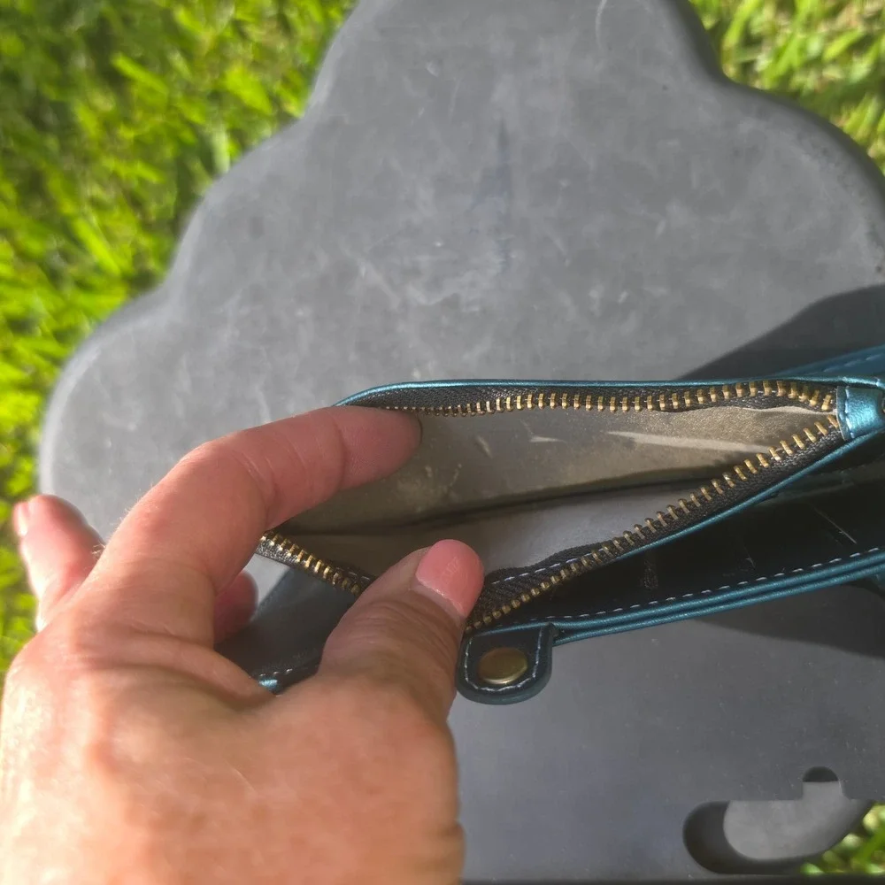 Metallic Teal Wallet Phone Case Crossbody Wristlet with Card Slots and Zipper